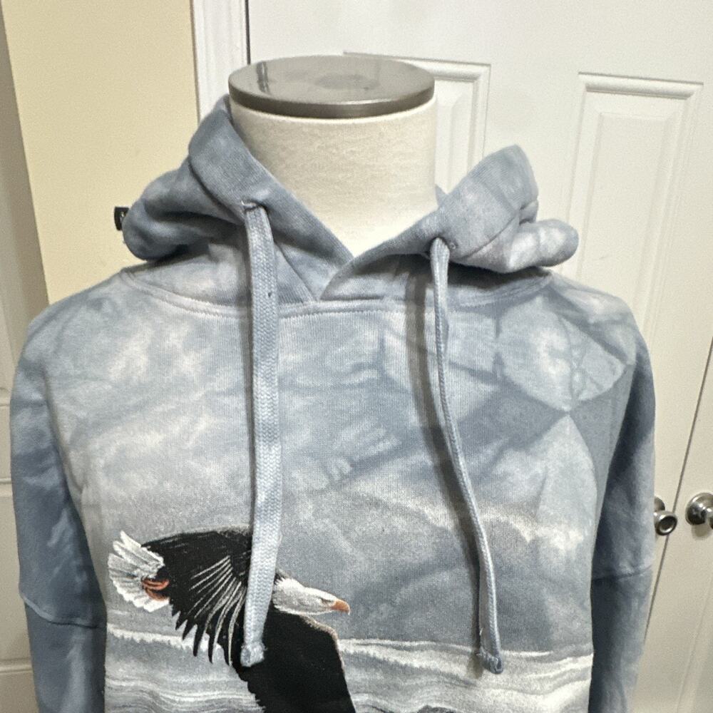 Mountain Men's L Blue/Gray Fleece Pullover Hoodie Tie-Dye Eagle Graphic Pocket - Picture 5 of 10
